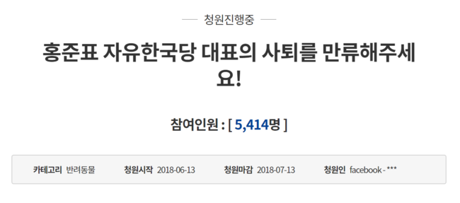 “홍준표 한국당 대표 사퇴 막아주세요”…청와대 국민청원 봇물