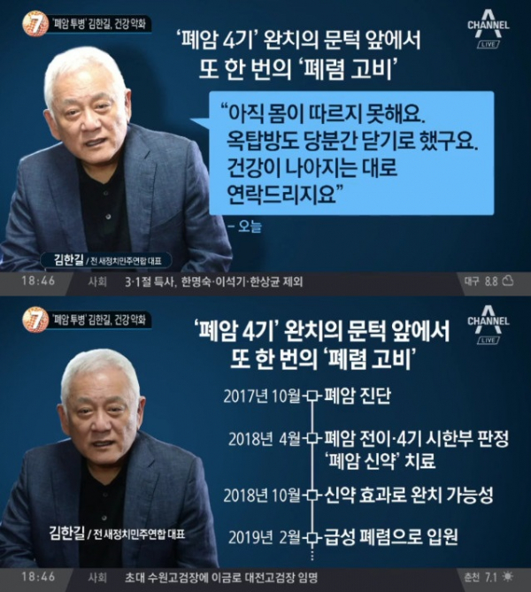 '폐암 투병' 김한길, 최근 급성 폐렴으로 입원