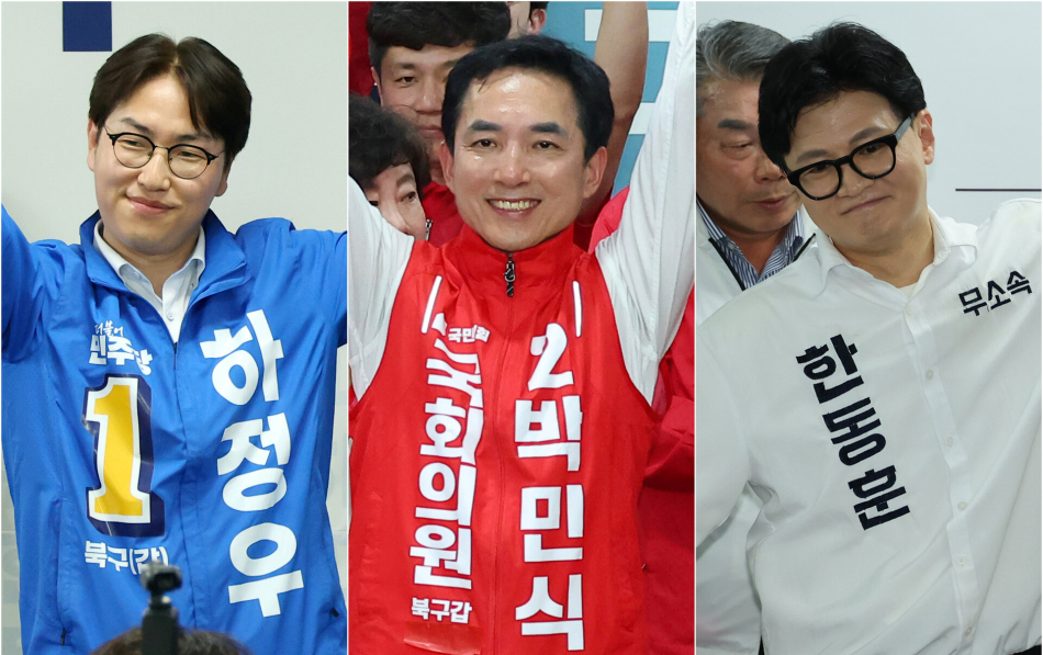 부산 북구 갑 보궐 선거에서 격돌을 벌일 3인의 후보가 10일 일제히 선거사무소 개소식을 열고 본격적인 레이스에 들어갔다. (왼쪽부터) 더불어민주당 하정우, 국민의힘 박민식, 무소속 한동훈 후보. 연합뉴스