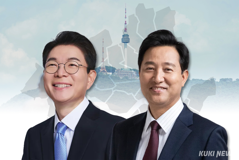 (왼쪽부터) 정원오 더불어민주당 서울시장 후보, 오세훈 국민의힘 서울시장 후보. 그래픽=한지영 디자이너