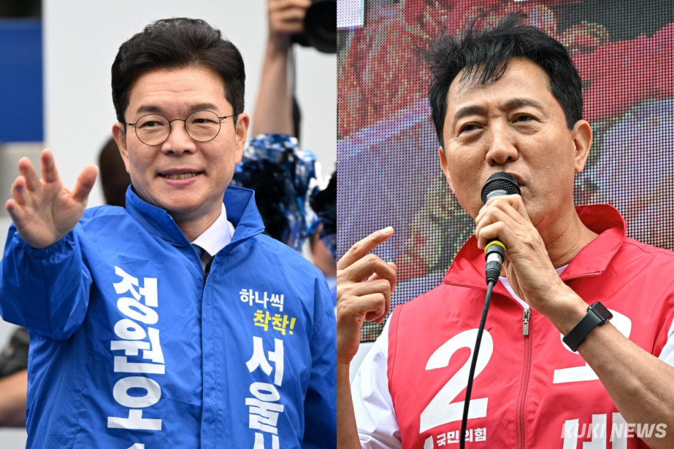 6·3 지방선거 서울시장에 출마하는 정원오 더불어민주당 후보(왼쪽)와 오세훈 국민의힘 후보. 임은재·남동균 기자