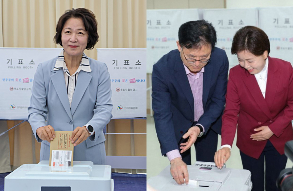 추미애 더불어민주당 경기도지사 후보(왼쪽)와 양향자 국민의힘 경기도지사 후보가 29일 각각 경기 수원시 인계동 행정복지센터와 화성시 동탄4동 행정복지센터에 마련된 제9회 전국동시지방선거 사전투표소에서 투표하고 있다.