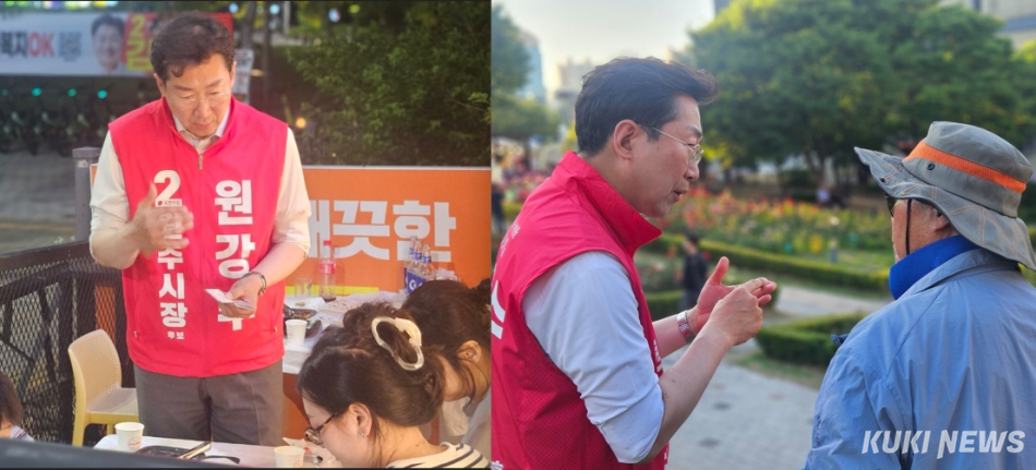 국민의힘 원강수 원주시장 후보가 지난 30일 저녁 강원 원주 장미축제장 일원에서 시민들의 목소리를 듣고 있다. 그는 31일부터 ‘72시간 도보 총력전‘을 선언했다. 후보 캠프