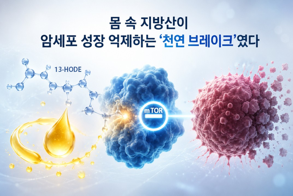 리놀레산 유래 13-HODE의 mTOR 직접 저해 기반 암세포 성장 억제 효과(AI 생성 이미지). KAIST