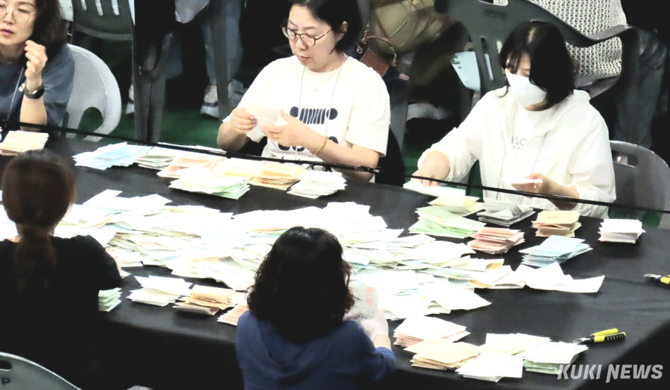제9회 전국동시지방선거 본투표가 모두 마무리되고 최종 투표율이 64.5%로 집계된 가운데 가톨릭관동대 성세바스티아노 스포츠센터에 마련된 강릉시 개표소에서 개표가 한창 진행되고 있다. 전인수 기자