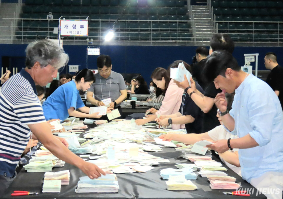 제9회 전국동시지방선거 본투표가 모두 마무리되고 최종 투표율이 64.5%로 집계된 가운데 가톨릭관동대 성세바스티아노 스포츠센터에 마련된 강릉시 개표소에서 개표가 한창 진행되고 있다. 전인수 기자