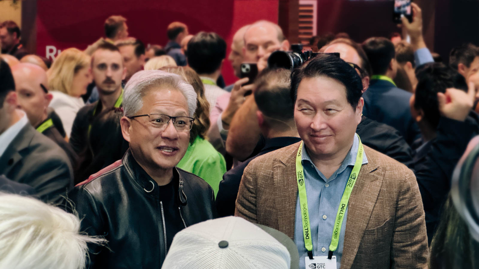 GTC 2026 당시, SK하이닉스 전시 부스를 찾은 엔비디아 젠슨 황 CEO(가운데 왼쪽)와 최태원 SK그룹 회장(가운데 오른쪽). SK하이닉스