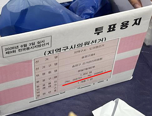 5일 투표함이 이송된 서울 송파구 잠실7동 제2투표소 내부에서 발견된 구 선거관리위원회가 이 투표소로 보낸 것으로 추정되는 투표용지 박스. 연합뉴스