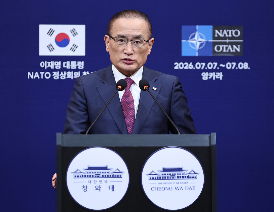 위성락 국가안보실장이 7일(현지시간) 튀르키예 앙카라 한국 기자단 프레스센터에서 이재명 대통령의 나토 순방 일정 관련 브리핑을 하고 있다. 연합뉴스
