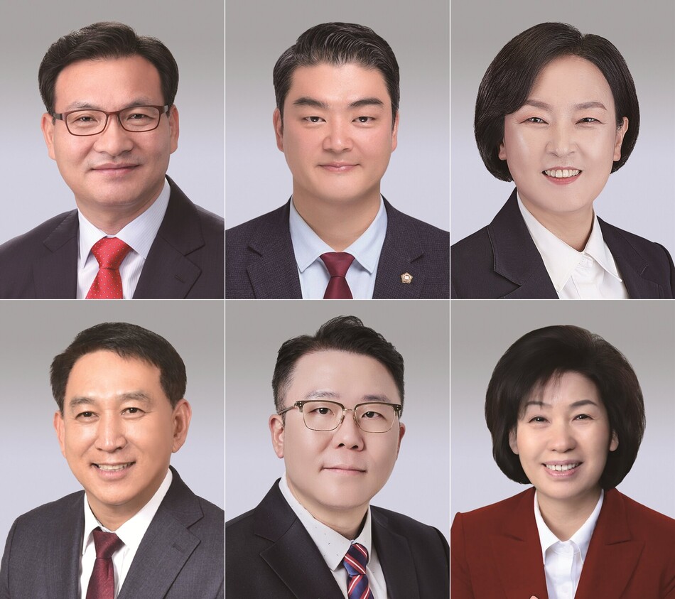 대구시의회가 상임위원장 선출을 마치고 10대 전반기 원구성을 완료했다. 왼쪽 위부터 시계방향으로 하중환 운영위원장, 류종우 기획행정위원장, 이재숙 문화복지위원장, 박종필 경제환경위원장, 김태우 건설교통위원장, 이성오 교육위원장. 대구시의회 제공